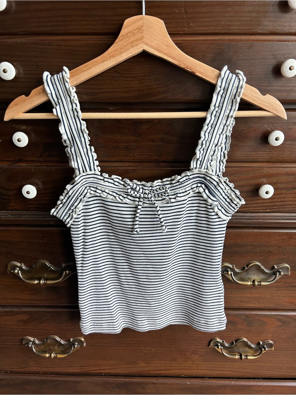 Anthropologie Striped Ruffle-Trim Tank Top - Navy & White